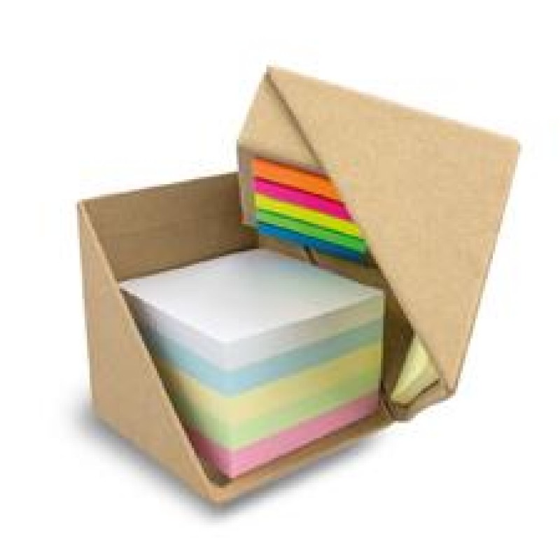 Cubo em cartão, com notas adesivas e porta-esferográficas